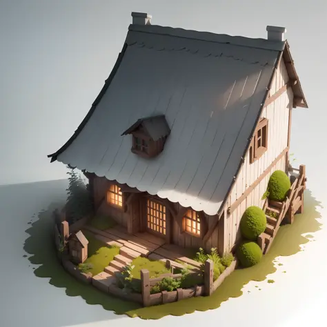 sometric House, pure white background, (isometric 3D), (masterpiece), (very detailed CG unity 8k wallpaper), (best quality), (best illustration), (best shadows), a lovely, Mossy round turnip hut, octane rendering, ray traced, super detailed