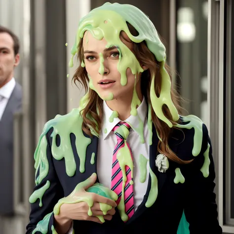 Keira Knightley as woman with green paint on her face and tie, woman with a tie and a suit covered in paint, covered in slime!!,...