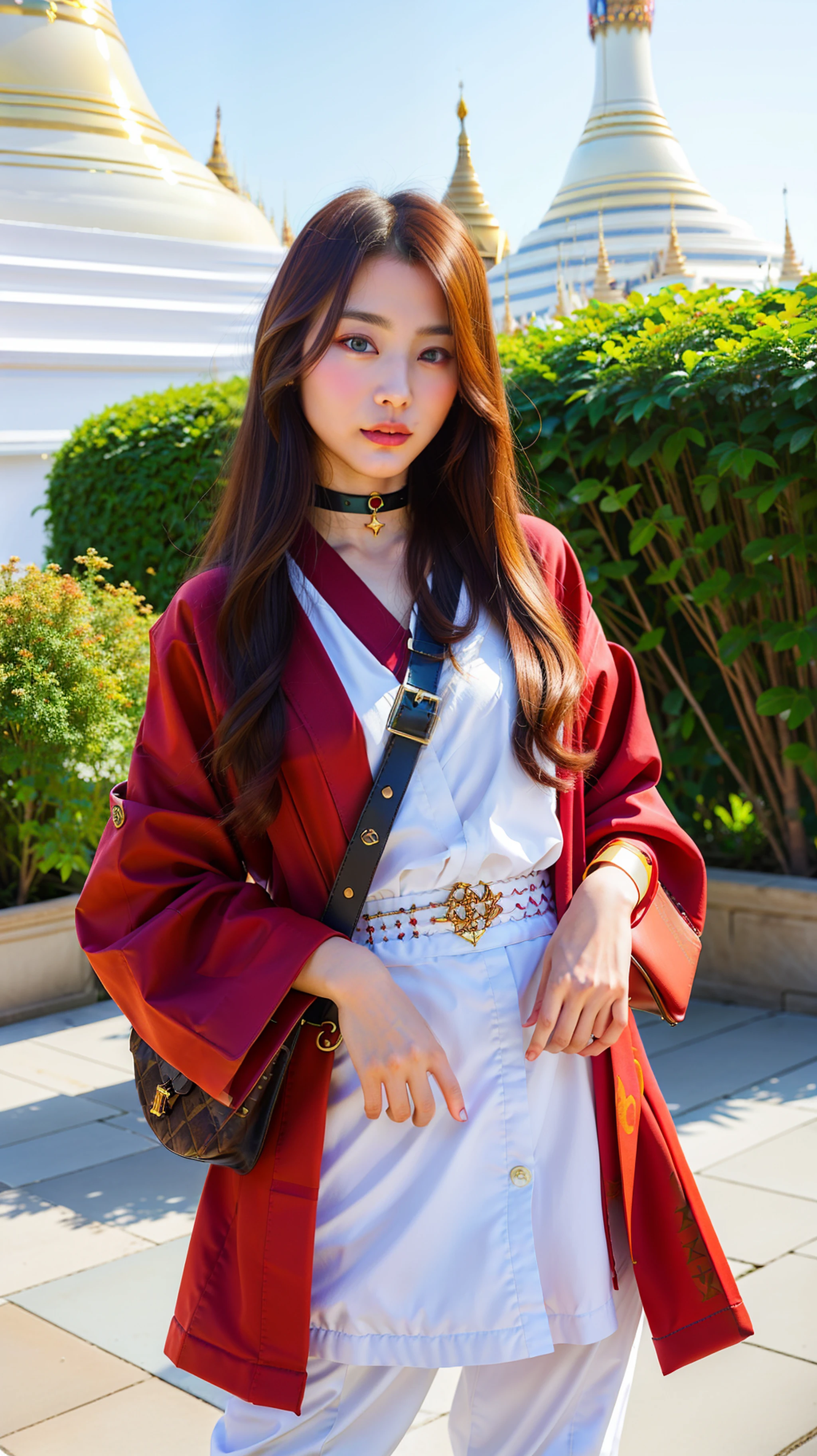 (skindentation:1.2), (realistic:1.1), best quality, photorealistic, 1 elegantly beautiful girl, gorgeous, majestic, long hair, wearing a red kimono, white pants, choker, Bag, streets, studio soft light, rim light, urban, (detailed background:1.2), (wide hip:1.1), look at the viewer, (pureerosface v1:0.2), Louis Vuitton Leather, Burberry plaid, in front of (((Shwedagon)))pagoda, Myanmar