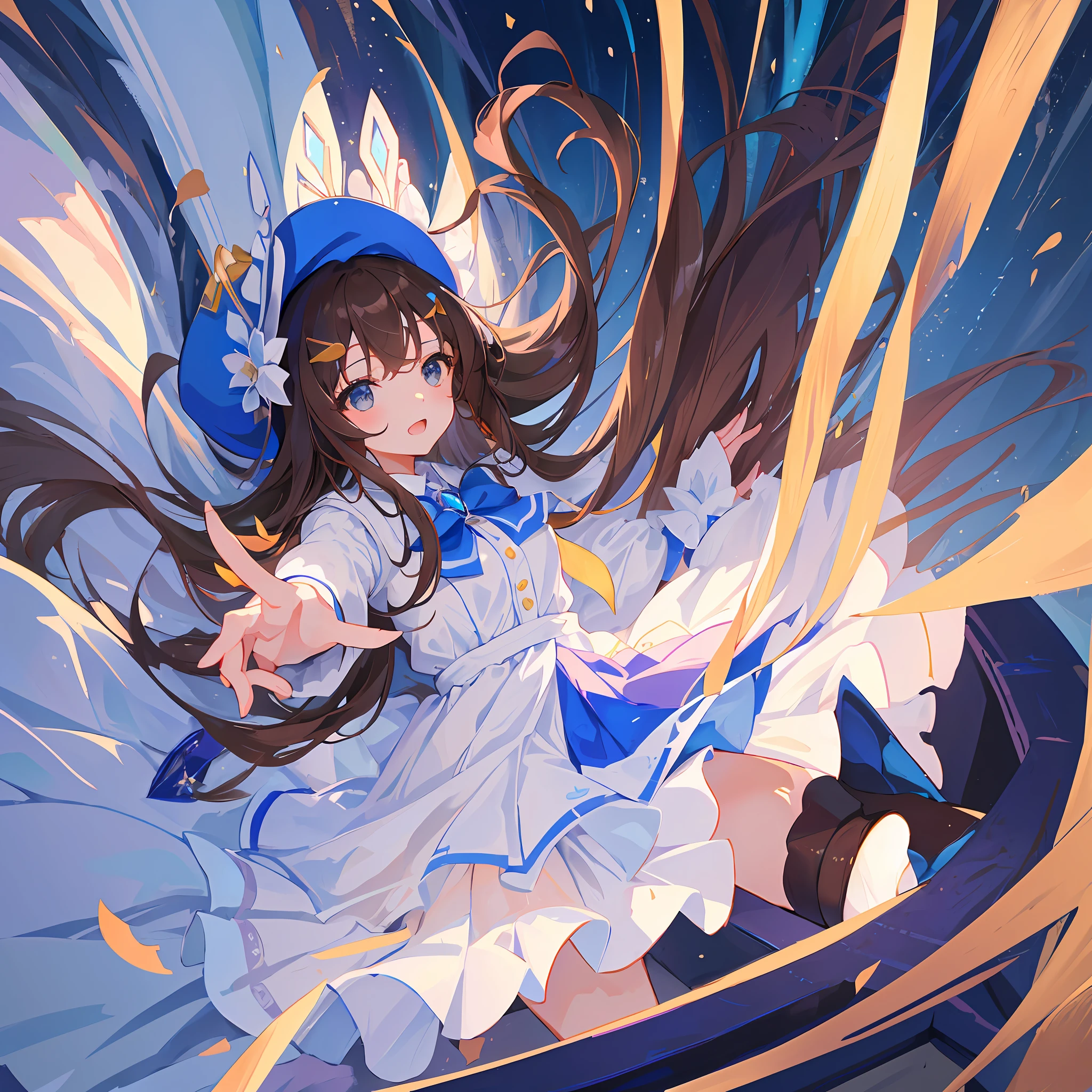 ((Best Quality)), ((Masterpiece)), (Big white hat decorated with blue roses: 1.4), (Long brown hair: 1.4), (Pure white dress with frills: 1.4), Lolita portrait, Very detailed official artwork, Cute girl anime visuals, Cute anime wife in a nice dress, Splash Art Anime Loli, Lori in a dress, beautiful anime portrait, pixiv art station gwise, one girl, modest, cowboy shot, straight hair, light brown long hair, modest bust, medium, hair ornament, bluish black eyes, skirt, magical girl, big angel wings