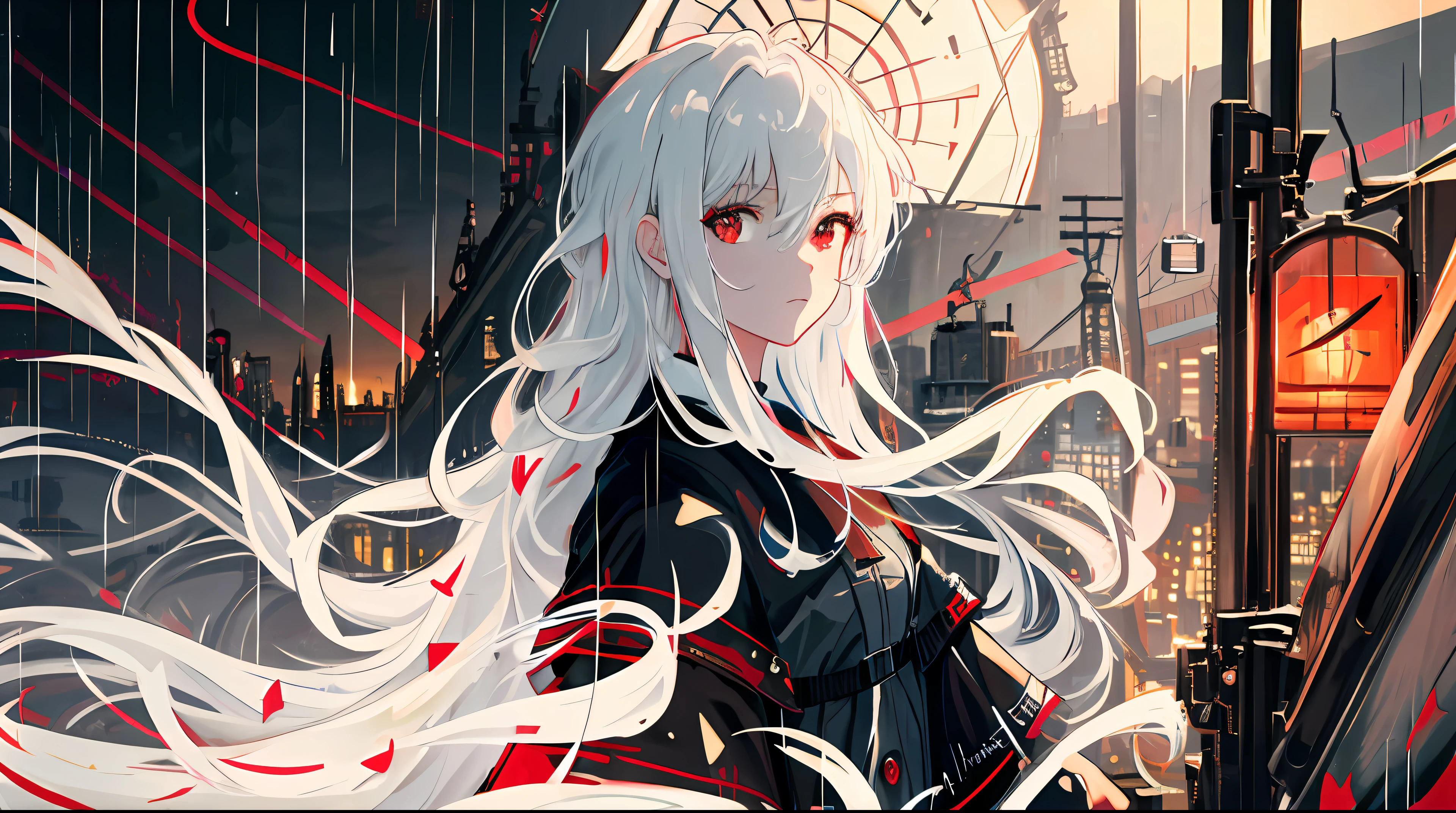 masterpiece, best quality, extremely detailed, cinematic lightning, intricate detail, highres, official art, finely detailed beautiful face and eyes, high resolution illustration, 8k, depth of field, bokeh, solo, 1girl, a girl with white hair and red eyes, long white hair, beautiful red eyes, beautiful landscape, rainy city, upper body, looking at viewer, close up