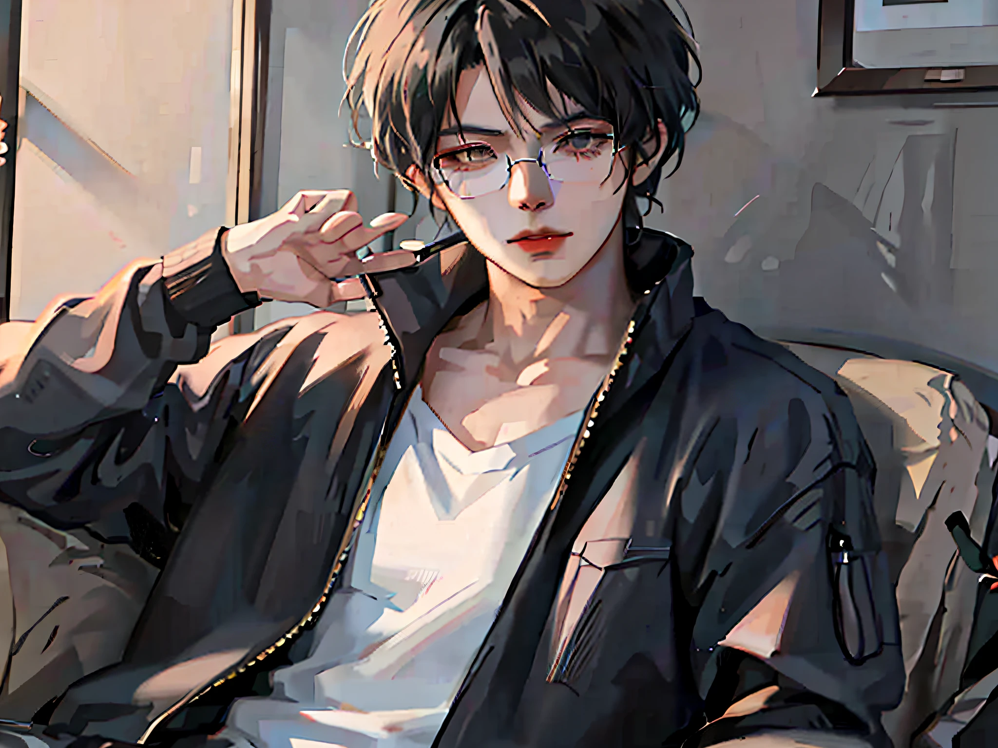 anime boy with black hair and glasses sitting on a couch, artwork in ...