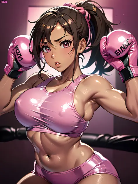 Mature female boxer、Ponytail with black hair、Brown-skinned、Black sports bra  and shorts、Boxing gloves、With keen eyes、Boxing stance、waist line、 - SeaArt  AI