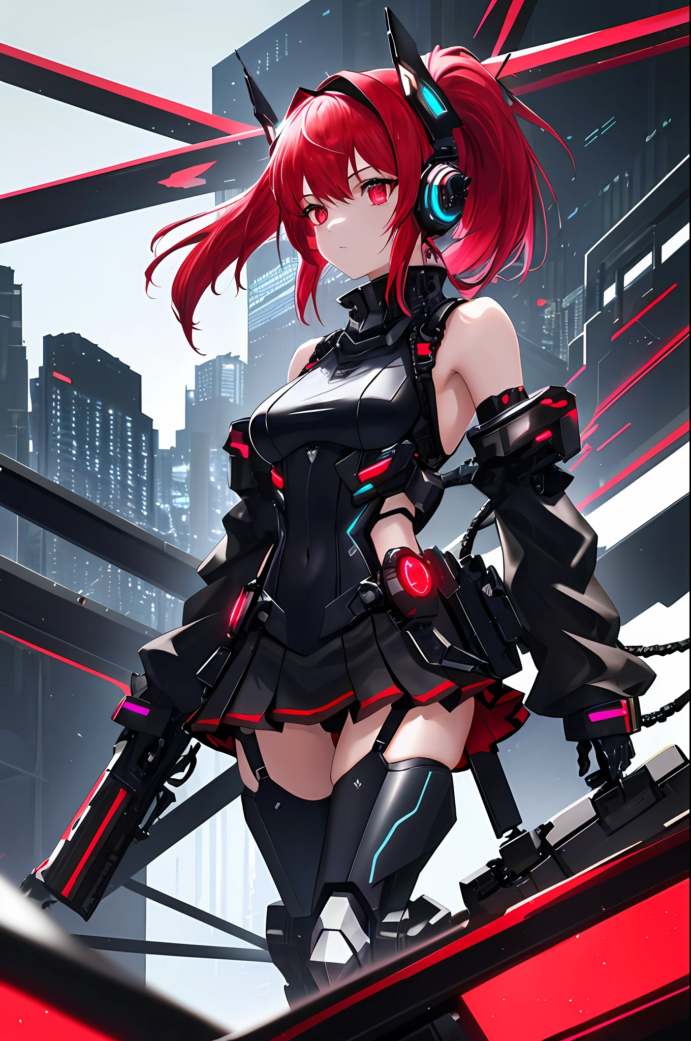 Absurdity, intricate details, highly detailed 8K wallpaper, (Transcendent Beautiful Girl: 1.5), BREAK, scarlet hair, ponytail, (turn around), (beautiful bare back), (beautiful bare back), (beautiful bare shoulders), (exoskeleton backless leotard), (red eye: 1.1), BREAK, (mechanical joints, mechanical limbs: 1.4), perfect five fingers, headgear, covered up to the ears, (black miniskirt), Cyberpunk, neon glowing cities,