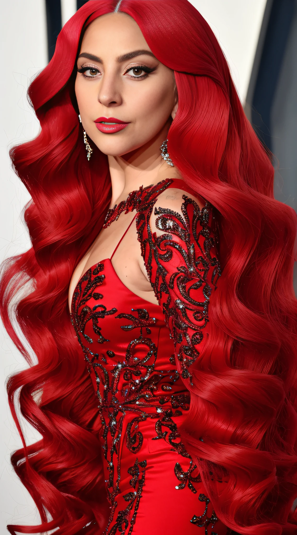 Lady gaga red hair and red dress at the vanity - SeaArt AI