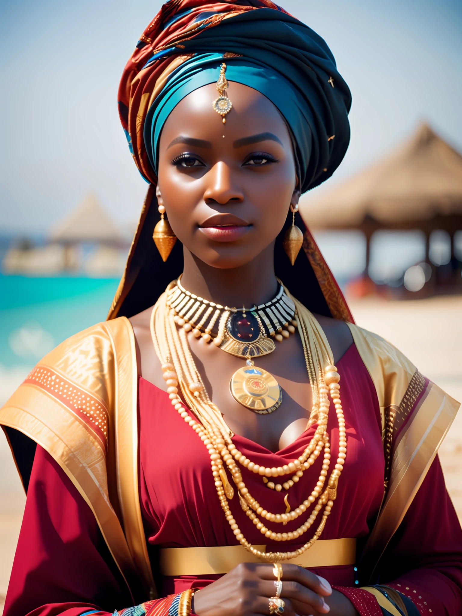 他妈的_科幻, 他妈的_科幻_v2, 一位非常美丽的非洲年轻女性的画像, 在海滩前, 色彩丰富的衣服, 头巾和金色非洲珠宝, 特写, 帝王姿态. 他妈的_电影_v2. 他妈的_电影_v2