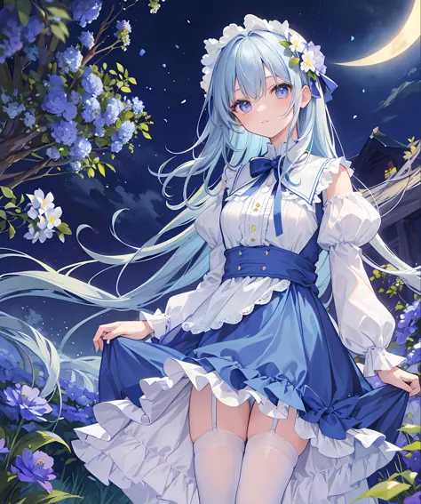 (masterpiece, top quality), a field of blue plants and flowers, golden hair of medium length, warm moonlight, blurred foreground...