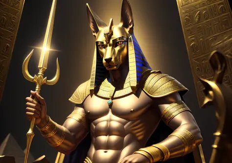 (cinematic), (8k), (ultrarealistic), (ultra-detailed), oil painting, anubis, egyptian god, jackal-headed man's body, pyramids of...