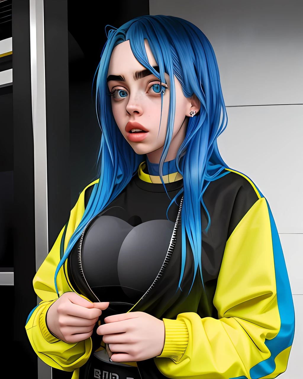 Araffe with blue hair and a black top is posing for a picture - SeaArt AI