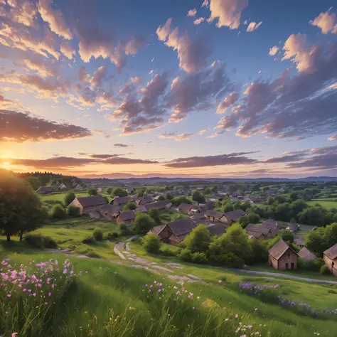 a medieval village, which trades in wood and animal skins, is in a rural setting>background=village, in the background of the la...