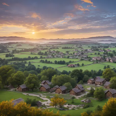 a medieval village, which trades in wood and animal skins, is in a rural setting>background=village, in the background of the la...