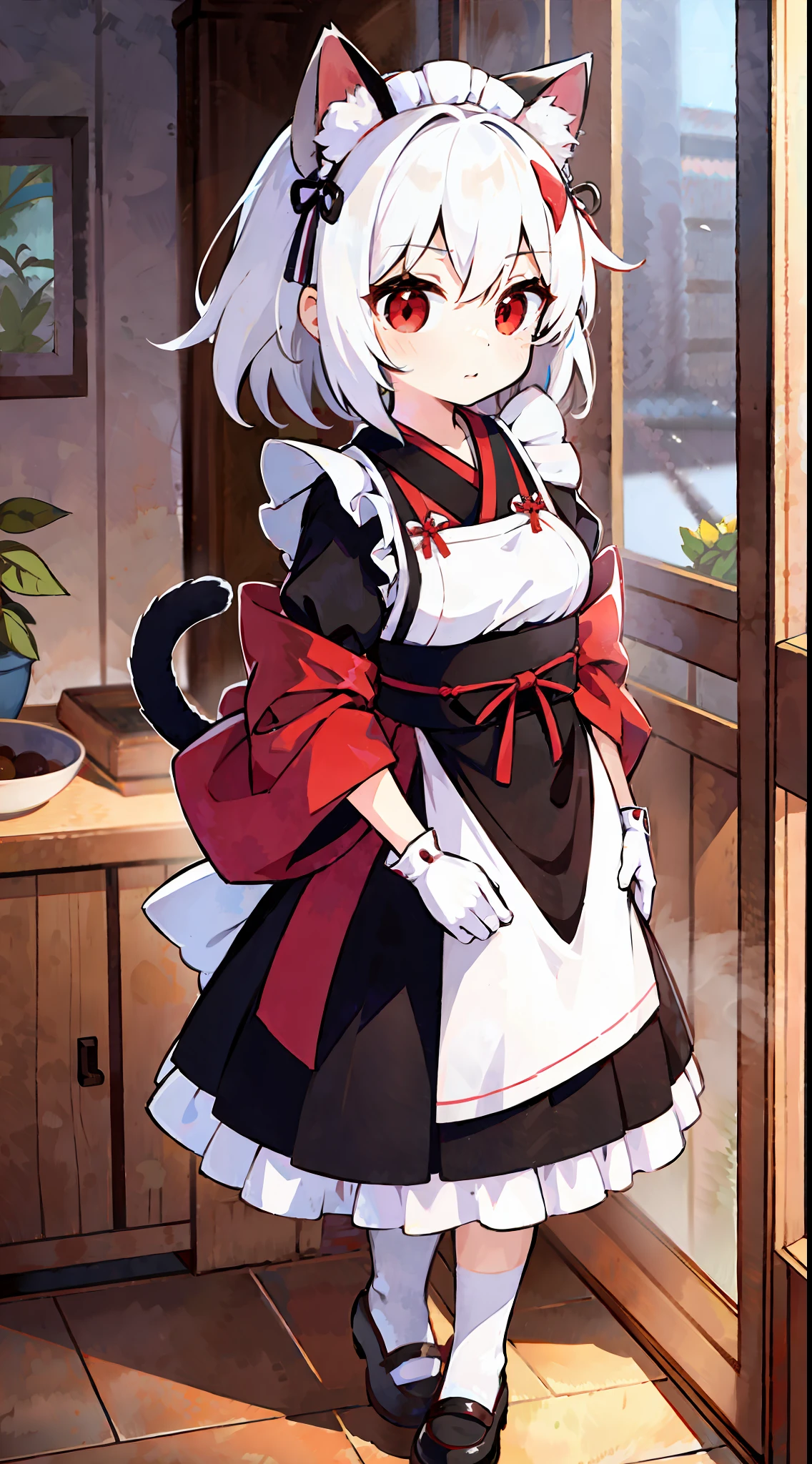 1girl, masterpiece, best quality, ultra-detailed, cat ears, boobs, loli, child ,white hair ,red eyes ,medium hair ,hair between eyes ,cute ,maid ,kimono ,(full body)