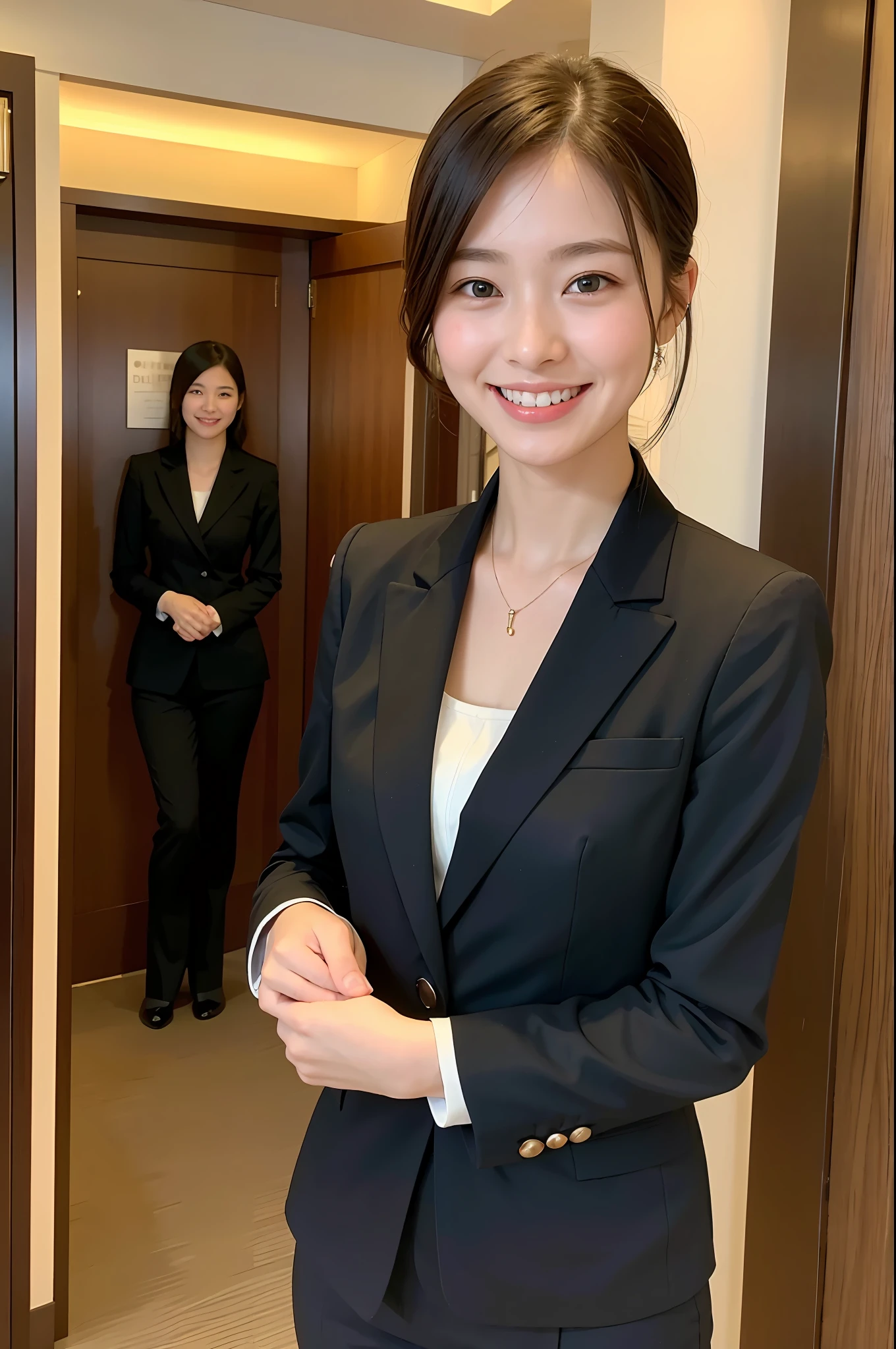 Девушка в черном костюме отеля стоит и улыбается на стойке регистрации отеля, (Лучшее качество, шедевр: 1.2), женщина