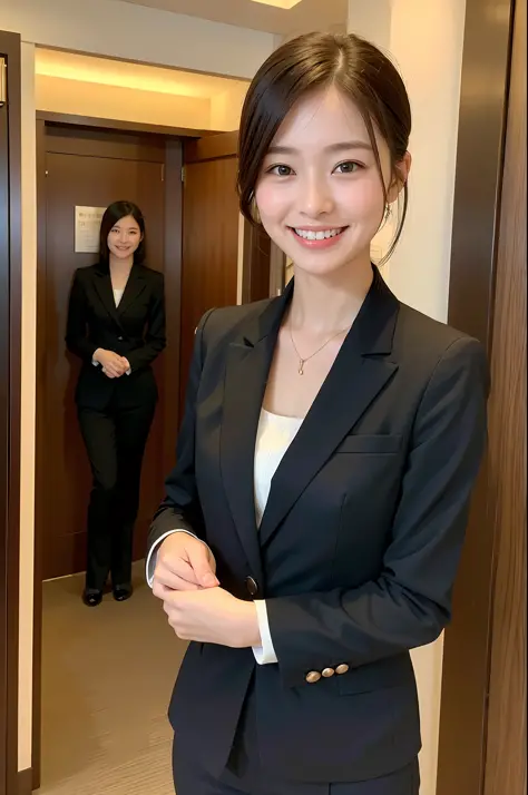 Girl in hotel black suit standing smiling at hotel reception, (best quality, masterpiece: 1.2), woman