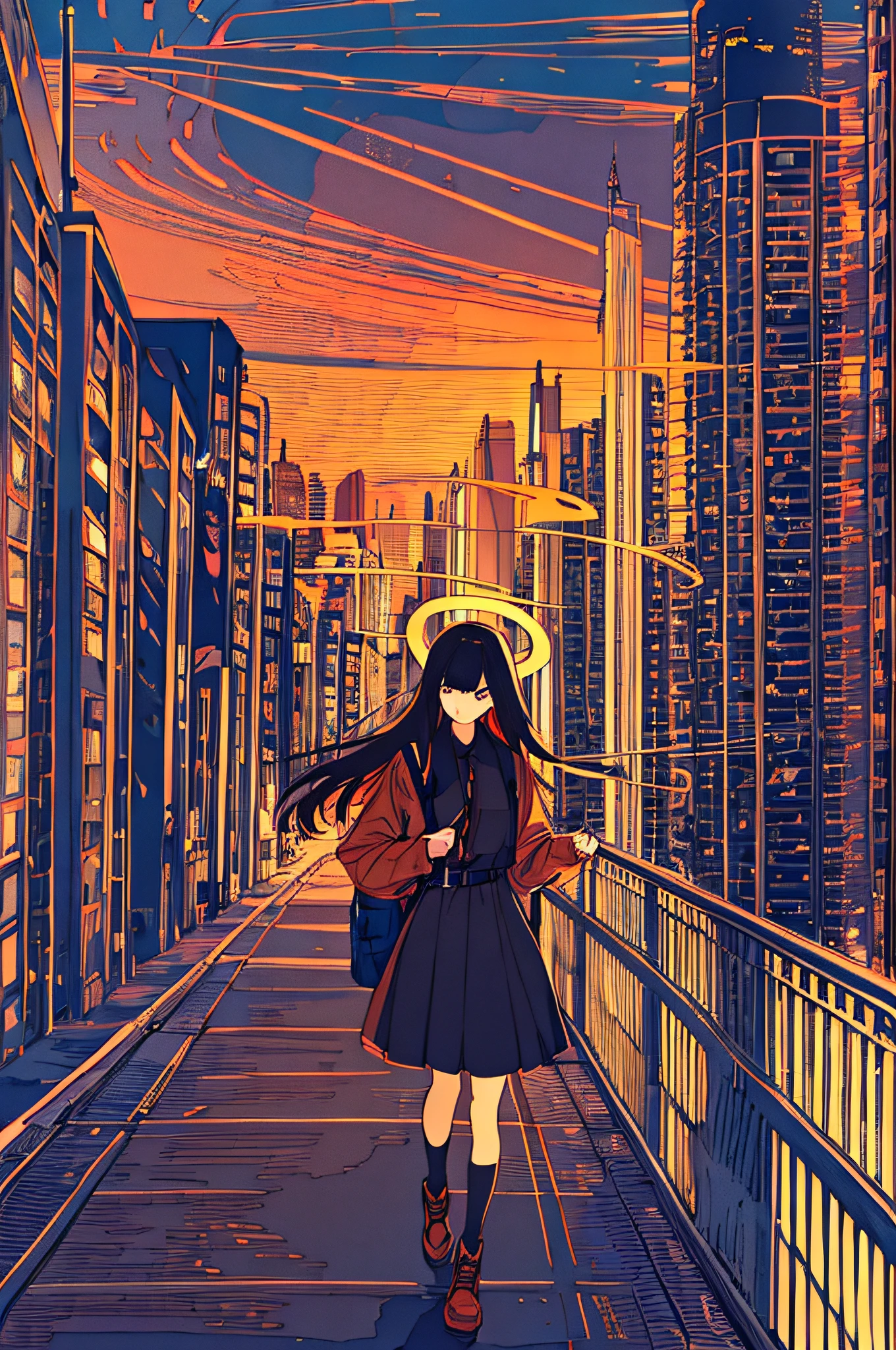 masterpiece, best quality, flat color, limited palette, low contrast, (ligne claire), 1girl, long straight black hair, halo, backpack looking away, standing. smoke, night sky, city, sunset, sky scrapers, bridge, road signs, depth of field, border, black, red, orange, brown, autumn, haze