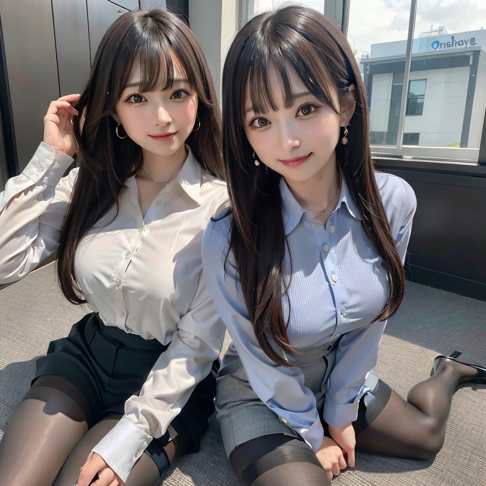 (8k, best quality, masterpiece: 1.2), (realistic, photo-realistic:1.37), ultra-detailed, 1 girl, full body, outdoor, (adjusting hair: 1.5) office lady, gray officeblazer, office skirt, (pantyhose:1.2), (buttoneddownshirt shorts:1.2), buttonedupcollarprim, buttoneddowncollarprim, bra, (pantyhose:1.2), alphalayers, highheels, cute earrings, cute solo cute detailed sky, (smile:1.15), medium breasts, beautiful detailed eyes, business attire,  (long hair: 1.2), NovaFrogStyle floating hair,