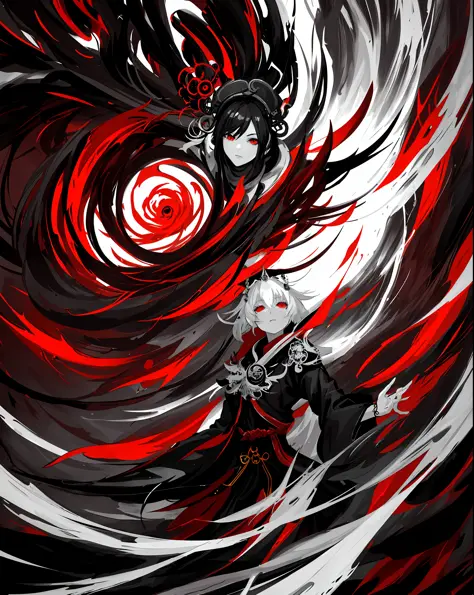 A painting of a girl through a spiral, twisted abstraction of fate, Onmyoji detailed art, spinning death, painted in mysterious style, turbulent lake of blood, anime abstract art, black and white red, godrays digital painting, engulfed by swirling flames, ...