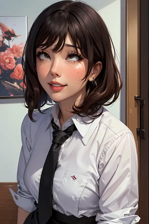 masterpiece, best quality, ultra-detailed, illustration, epic lighting, cinematic composition, isometric, 1girl, (solo:1.5), cute, brown eyes, black hair, swept bangs, single sidelock, red hairclip, white collared shirt, black necktie, black pants, formal,...