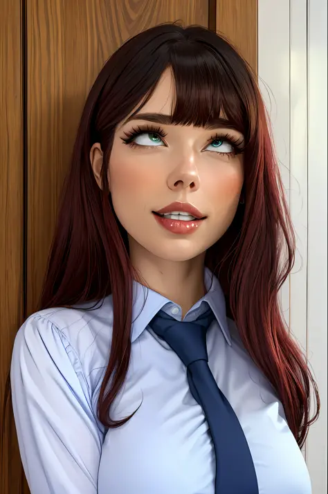 masterpiece, best quality, ultra-detailed, illustration, epic lighting, cinematic composition, isometric, 1girl, (solo:1.5), cute, blue eyes, green eyes, detailed iris, black hair, swept bangs, single sidelock, red hairclip, white collared shirt, black nec...