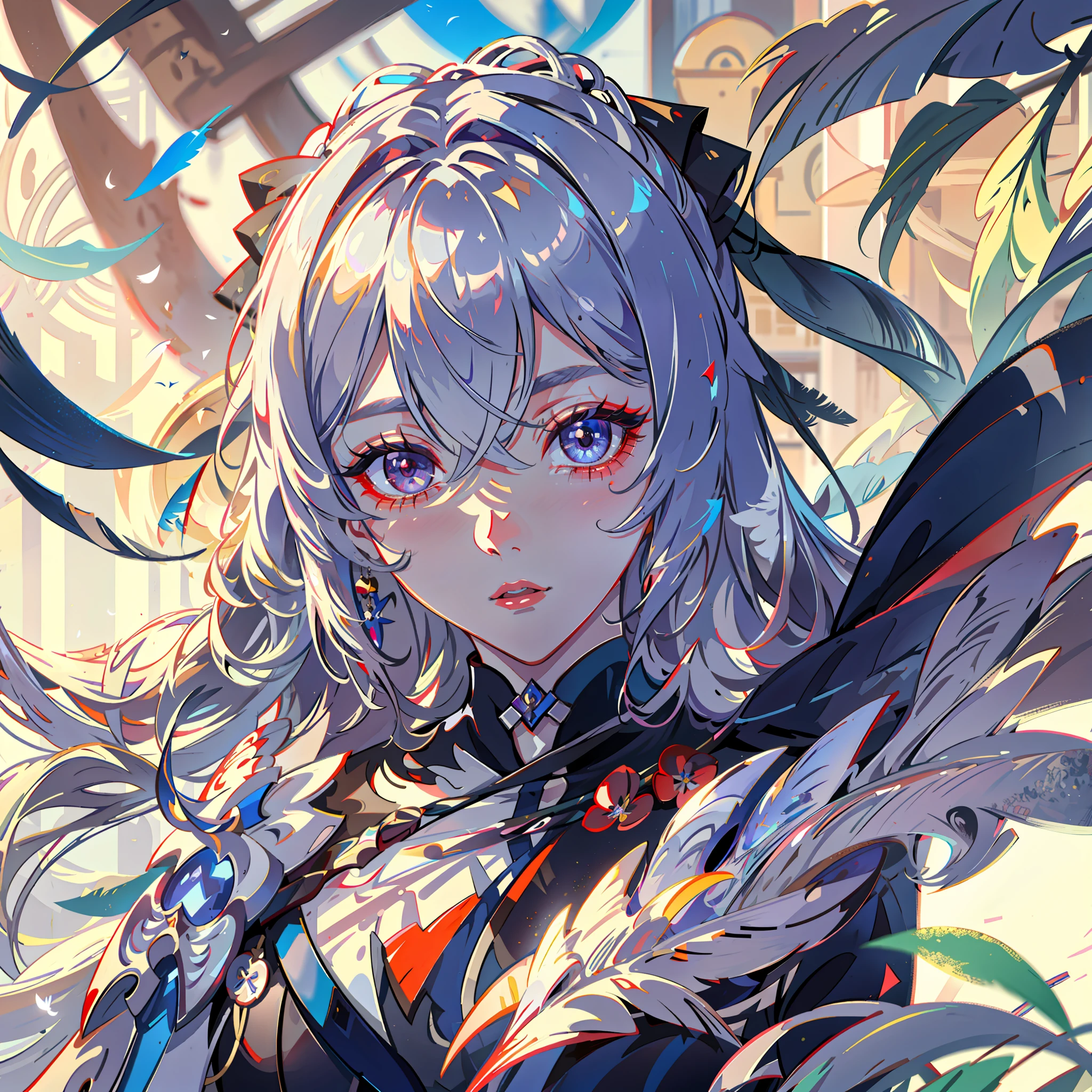 bronya zaychik (silverwing n-ex), ((masterpiece)), (((best quality))),((beautiful detailed eyes)),(eyelash),(1 girl),Shiny skin,oil,(bird body,feather), extremely detailed CG unity 8k wallpaper,close face,red nose,blush,Background of Love