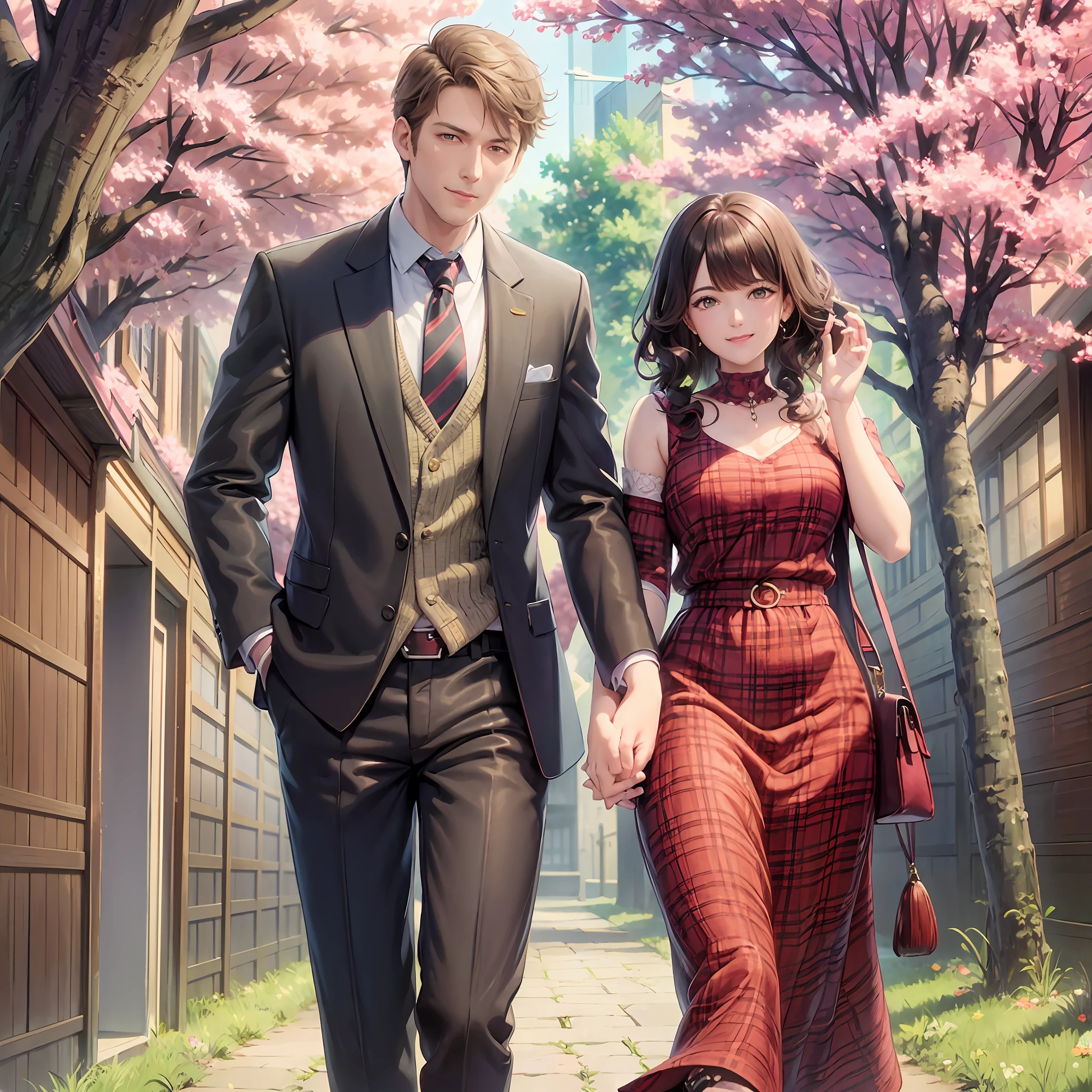 movie poster, dorama style, couple white man and woman, tall man with short black color hair with plaid suit and colorful tie, average woman curly hair with long red dress, couple smiling, background with cherry trees --auto --s2