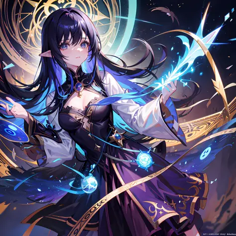 anime girl with long hair holding a magic wand and a glowing orb, beautiful celestial mage, black - haired mage, ayaka genshin impact, keqing from genshin impact, epic mage girl character, shadowverse style, cushart krenz key art feminine, extremely detail...