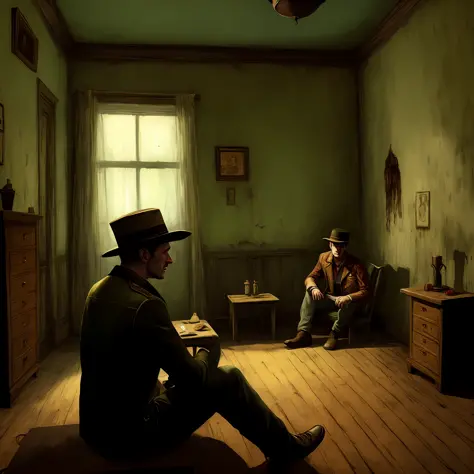 arafed image of a man in a hat sitting in a room, a screenshot inspired by Alfred Freddy Krupa, polycount, massurrealism, horror...