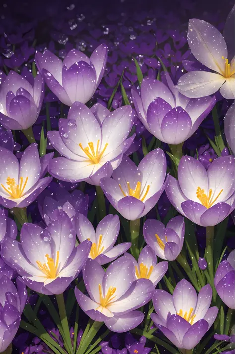 purple crocuses with dew drops, bright leaves and stems, golden ice, purple background, glow, high-detail, full detail, high res...