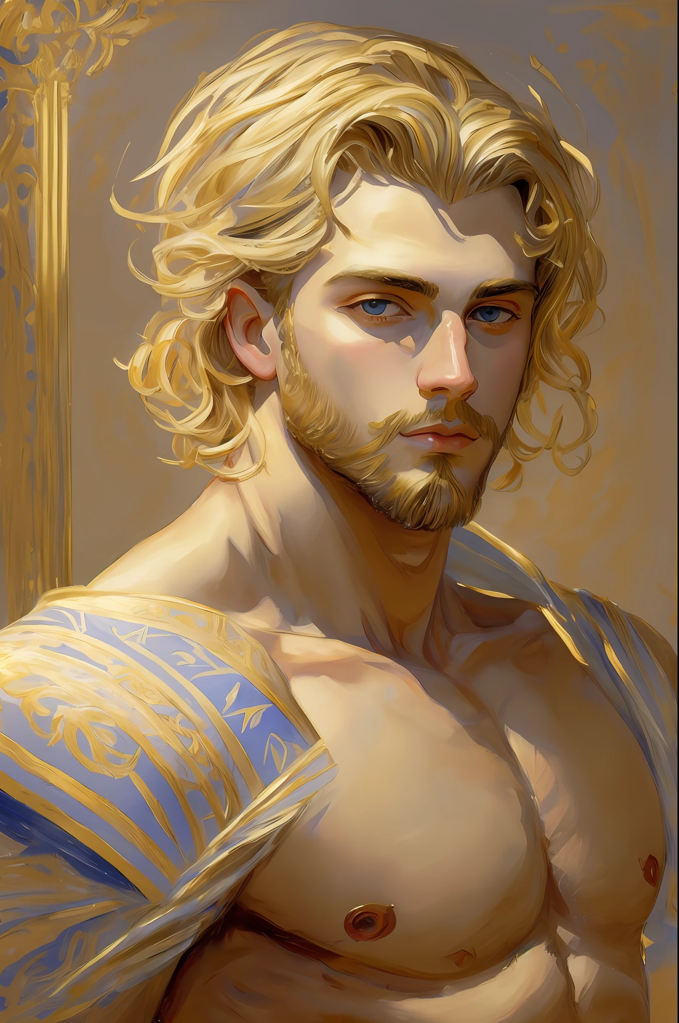 A painted portrait of a fitted Apollo, God of beauty, greek god, greek male beauty, blonde hair, big expressive eyes, big lips, big masculine nose, golden skin, handsome male, young, insanely handsome, upper body, muscular, hairy torso, fantasy, intricate, elegant, highly detailed, digital painting, art station, concept art, soft, sharp focus, illustration, art by John Singer Sargent --auto --s2