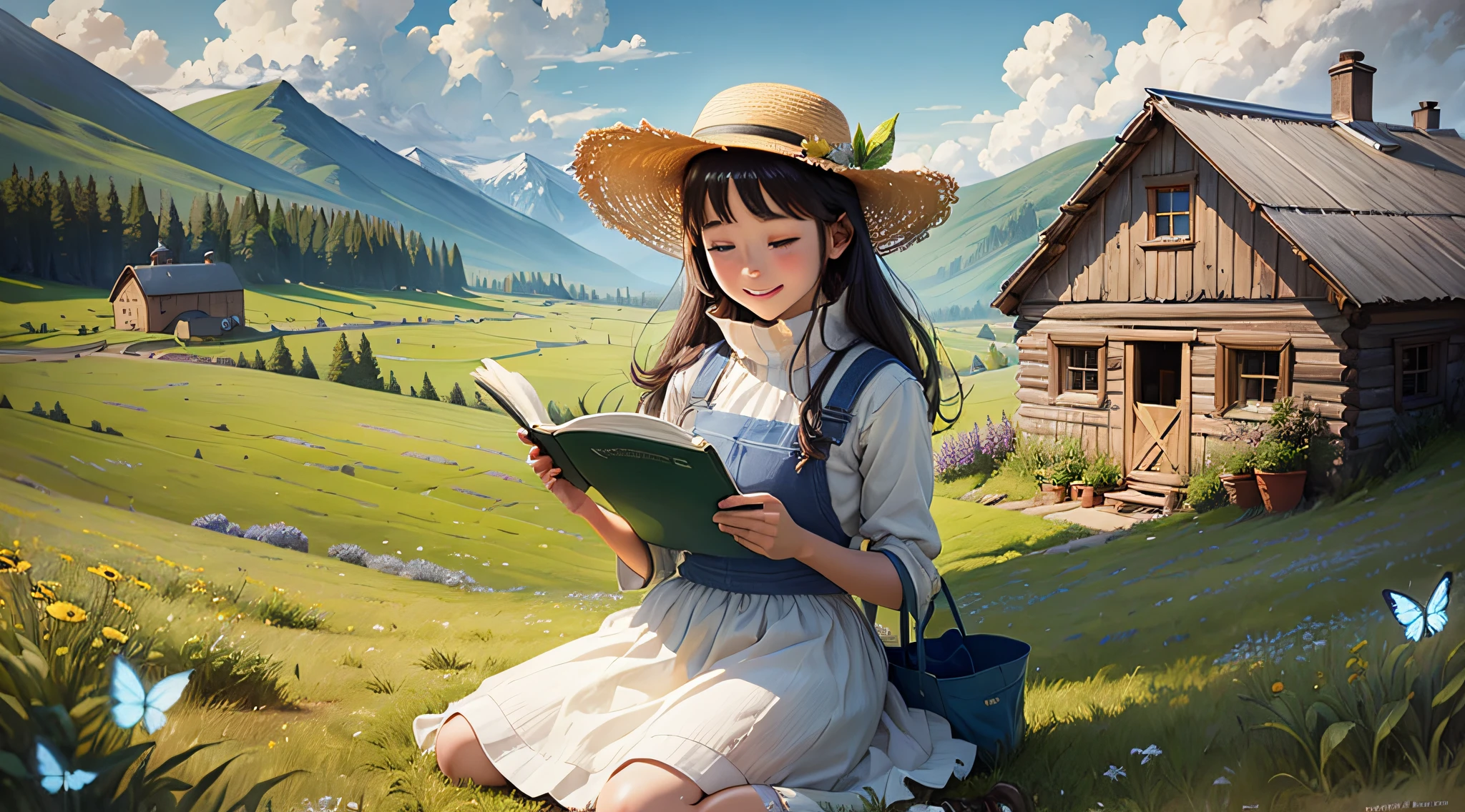 Big background, bright grassland, snow mountains, girl reading on meadow, wearing white skirt and blue apron, sun hat, farm hut, sun, bright smile, butterfly flying, white clouds, happiness, , bright eyes, picnic on meadow --auto --s2