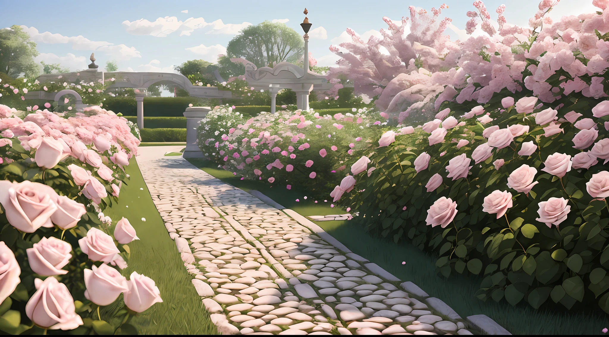 A mysterious garden, stone paved paths, many pink and white roses growing in the bushes, roses in the movie, rose garden, beautiful aesthetics incredibly beautiful, light pink tones, soft bushes, soft glow, beautiful flowers, blooming flowers, lots of flowers, 8k uhr, SLR, soft light lighting, high quality, volumetric lighting, real, photo, high resolution, 4k, 8k --auto --s2