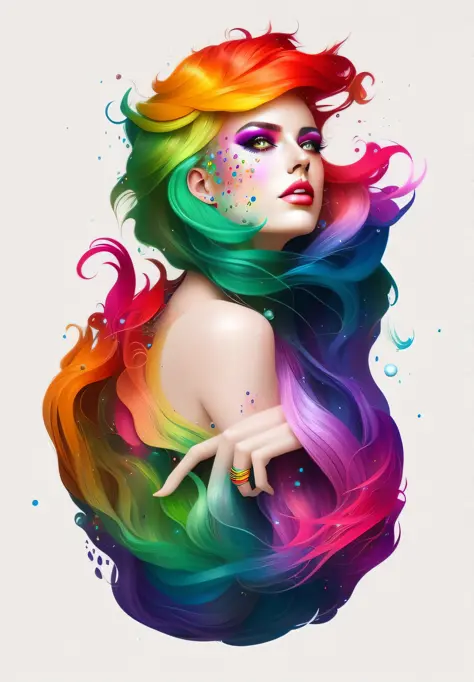 a woman with colorful hair and a rainbow colored dress, colorfull digital fantasy art, art of alessandro pautasso, colorful illu...