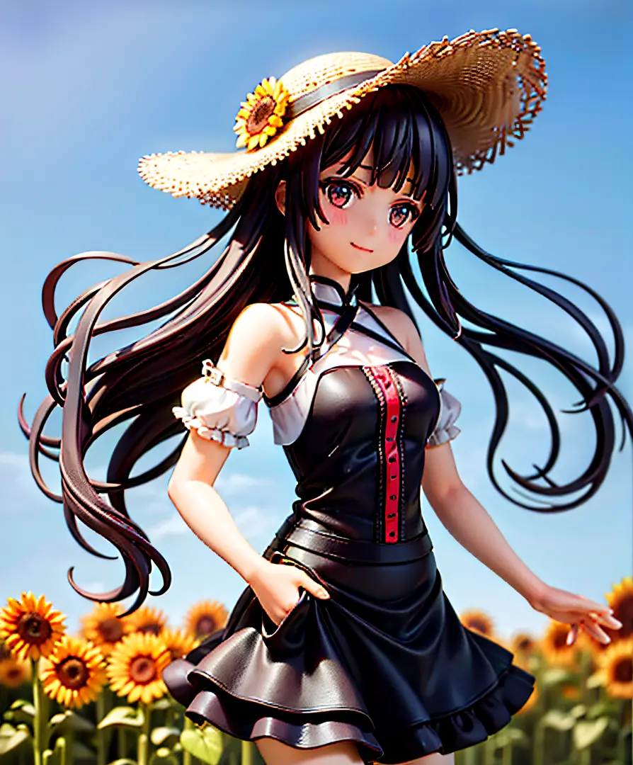 Zhengzhou, 1girl, sunflower, black eyes, black hair, flowers, skirt, solo, smile, bangs, outdoors, field, standing, long hair, s...