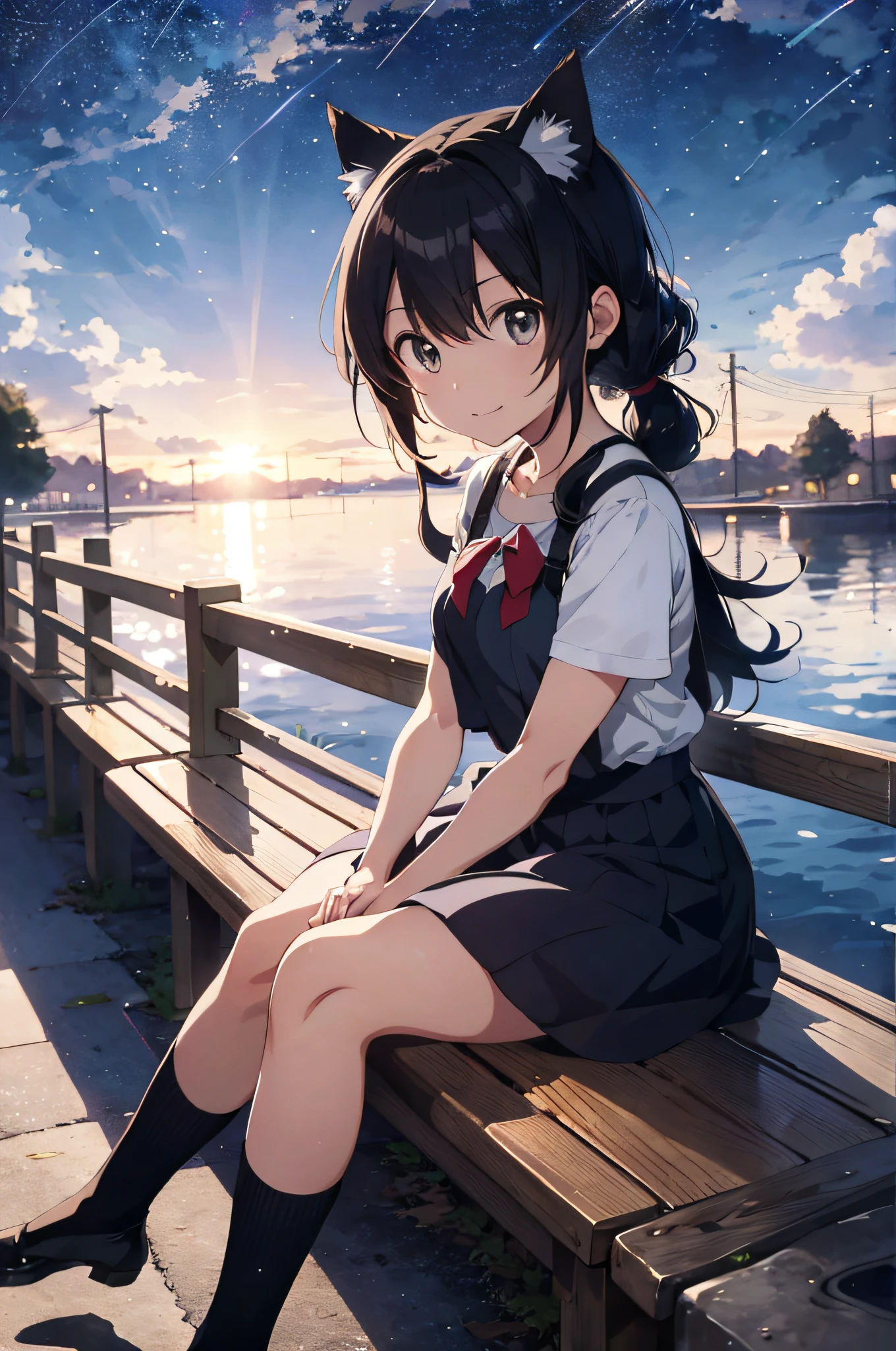 Anime cat-eared girl sitting on bench looking at stars, 4K anime wallpaper, Makoto Shinkai art style, anime style 4K, anime art wallpaper 8K, anime wallpaper 4K, anime wallpaper 4K, 4K manga wallpaper, anime art wallpaper 4K, watching sunset. Anime, animation art wallpaper 4K, beautiful anime cat-eared girl,wakame, wakame, wakame, wakame, wakame,