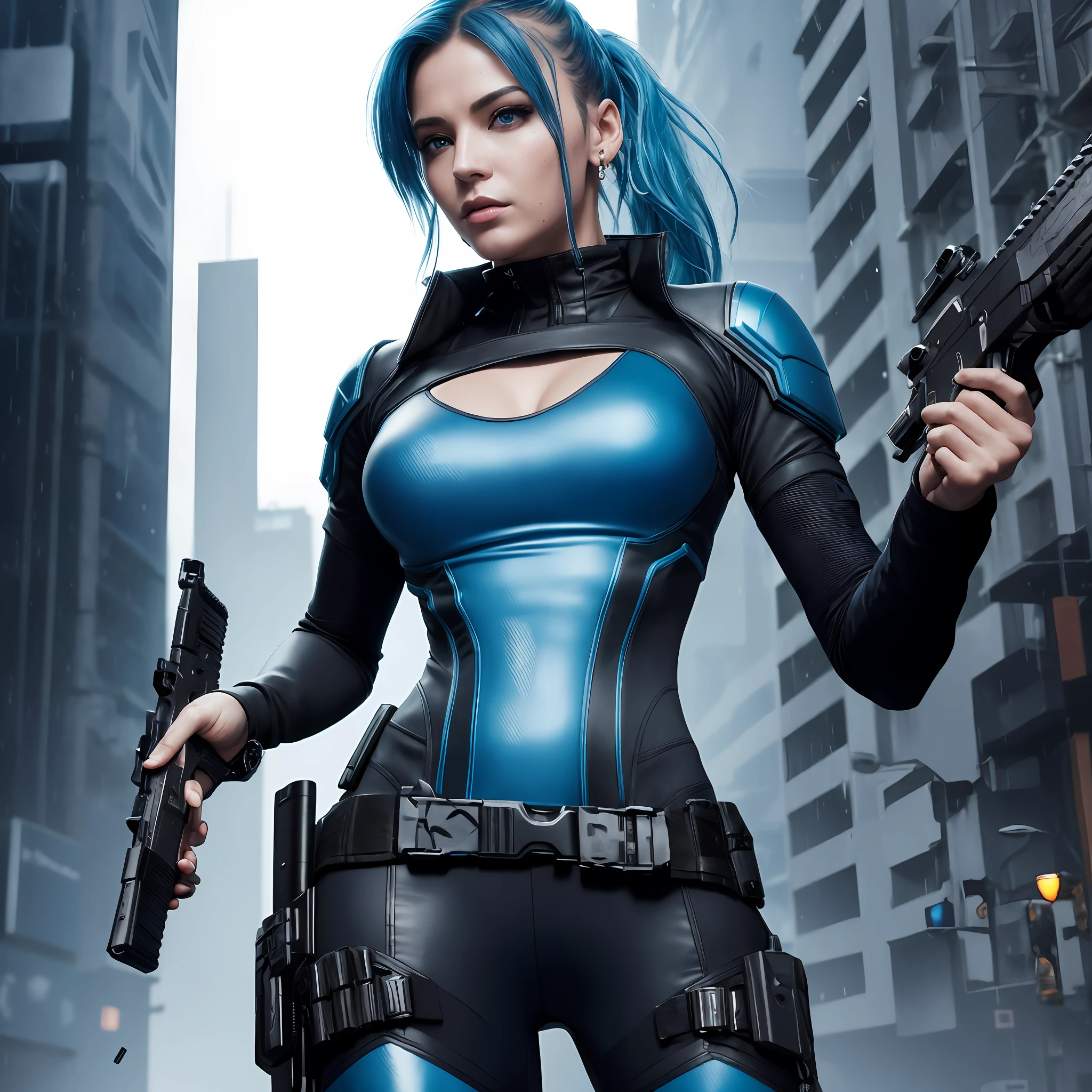 complex 3d render ultra detailed of a beautiful blue_haired hungarian mature woman holding pistol, cyberpunk lighting, rim light, vibrant details, cyberpunk,1girl, cyberpunk_hair, sidecut, earring,tactical cyber catsuit, sidecut, tactical vest, combat gear, tactical gear, covered_navel, gradient, gradient_background,  medium_breasts, science_fiction, skin_tight, solo,  hold weapon, ((dark make-up, eyeliner, pale)), staring at camera, smirk, arrogant, light smile, realistic pistol, (dark rainy cyberpunk city background), wet hair, rain effect, oily skin, small cuts in face, wet, rain, real pistol, detailed pistol,4 fingers, ((heavy rain)),, ,rim lighting, sharp focus, low key, dim light,