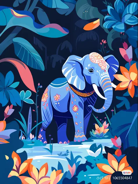 illustration of an elephant standing in a pond surrounded by flowers, colored elephant art, a beautiful artwork illustration, an...