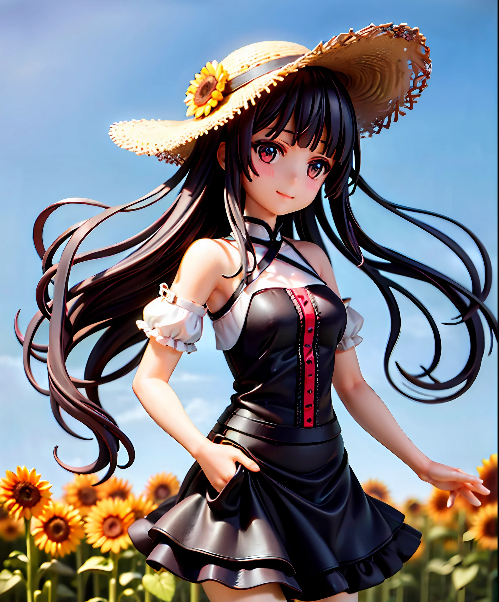 Zhengzhou, 1girl, sunflower, black eyes, black hair, flowers, skirt, solo, smile, bangs, outdoors, field, standing, long hair, straw hat, looking at the audience, black skirt, extra long hair, yellow flower, sun hat, flower field, depth of field, shut up, short sleeves, blunt bangs, (delicate skin: 1.2), (shiny: 1.3), (shiny: 1.4), (wet oil: 0.6], (shiny skin: 1.4), gorgeous, fantastical, natural, delicate rendering, original, contour deepening, High-key and low-variance brightness scale, soft light, light and dark interlacing