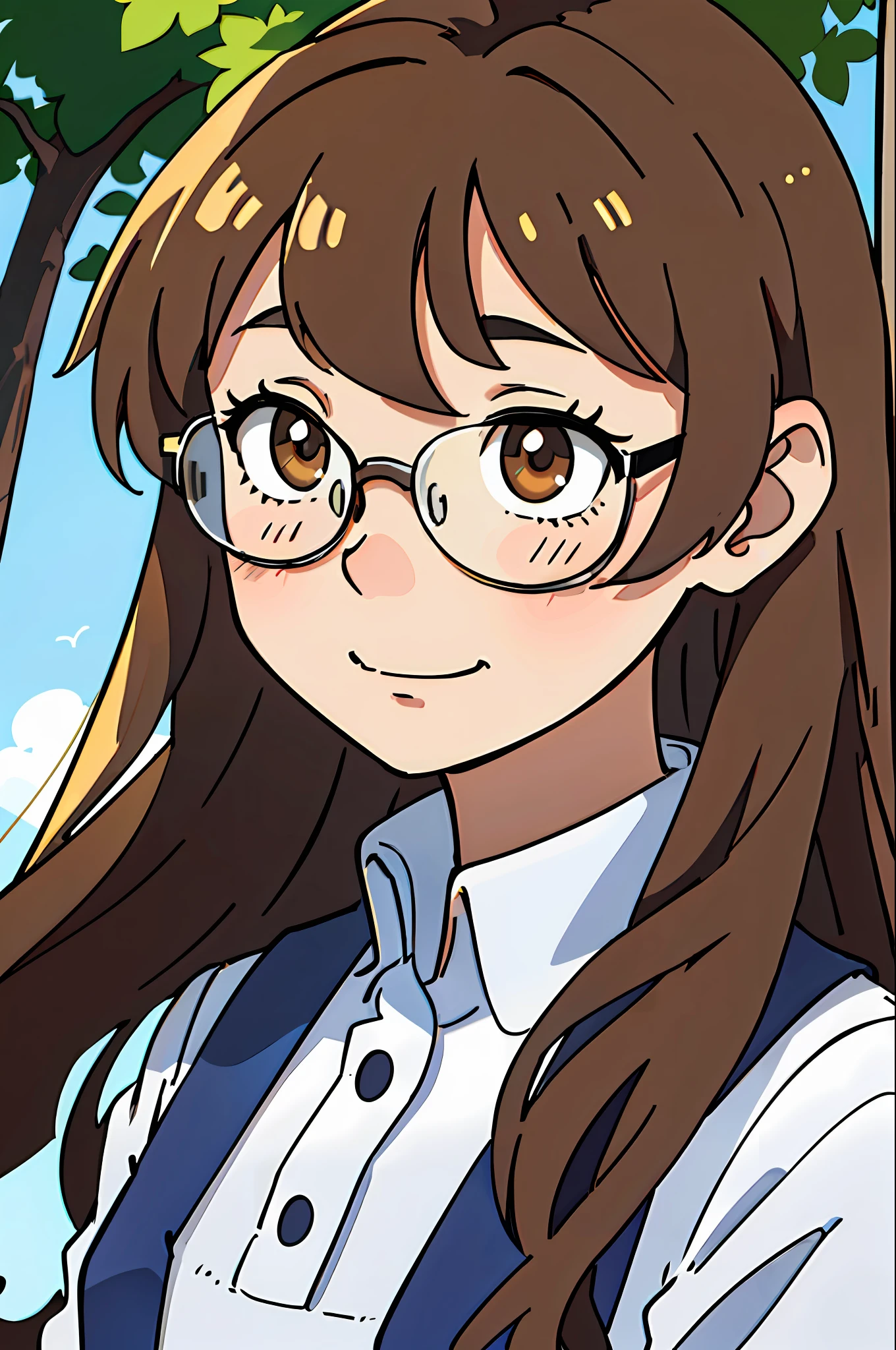 (best quality: 0.8), (best quality: 0.8), perfect anime illustration, close-up portrait of a cute teenager with long light brown hair with waves, bangs in her eyes, transparent cute glasses, cute, happy and shy makeup