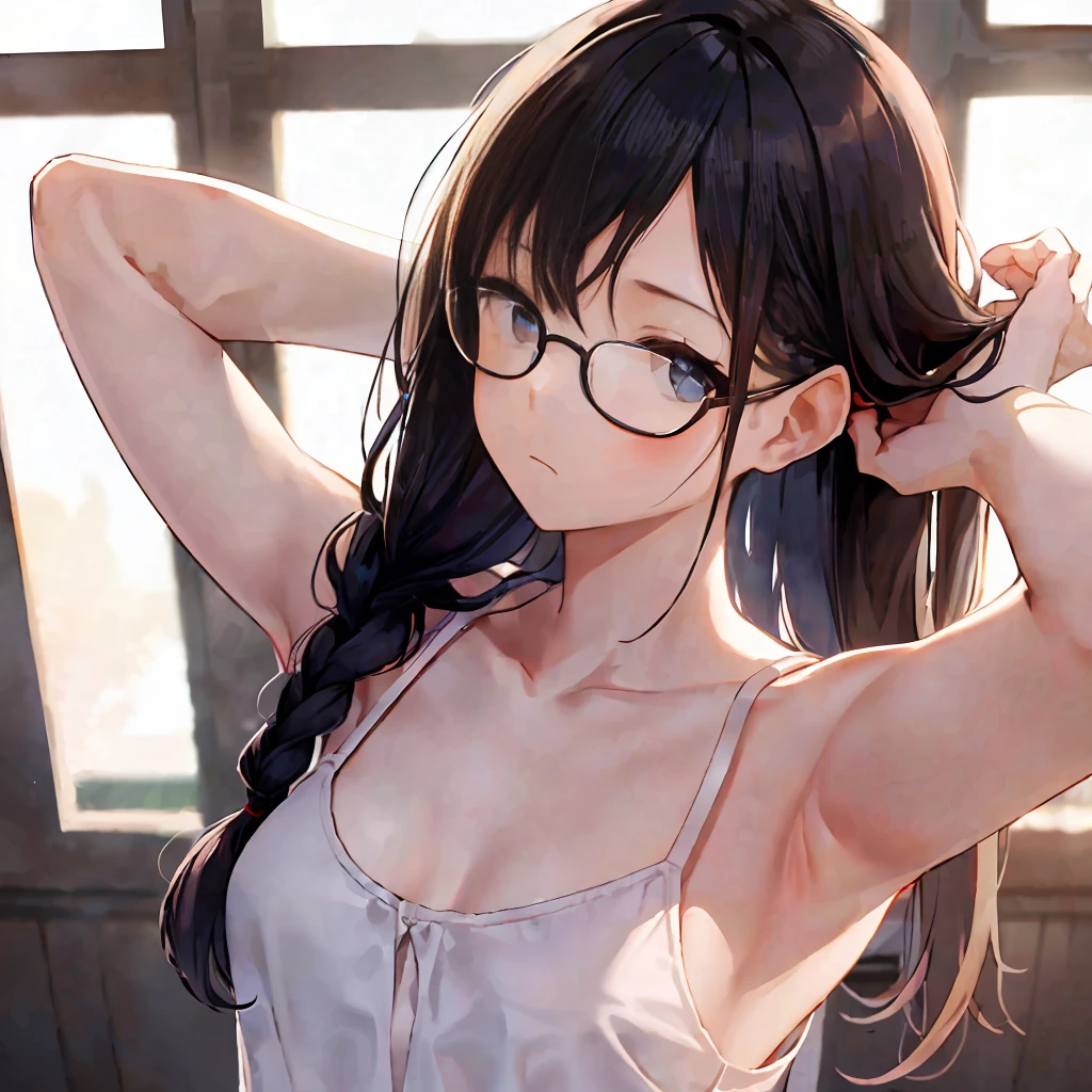 1 Girl, , white camisole, collarbone, indoors,  room, 1window, evening lighting, masterpiece, high quality, black hair, braid, bang, view from above sad, , (((flat chest))), no bra, slender, glasses, arms up holding hair, photorealistic, ultra resolution