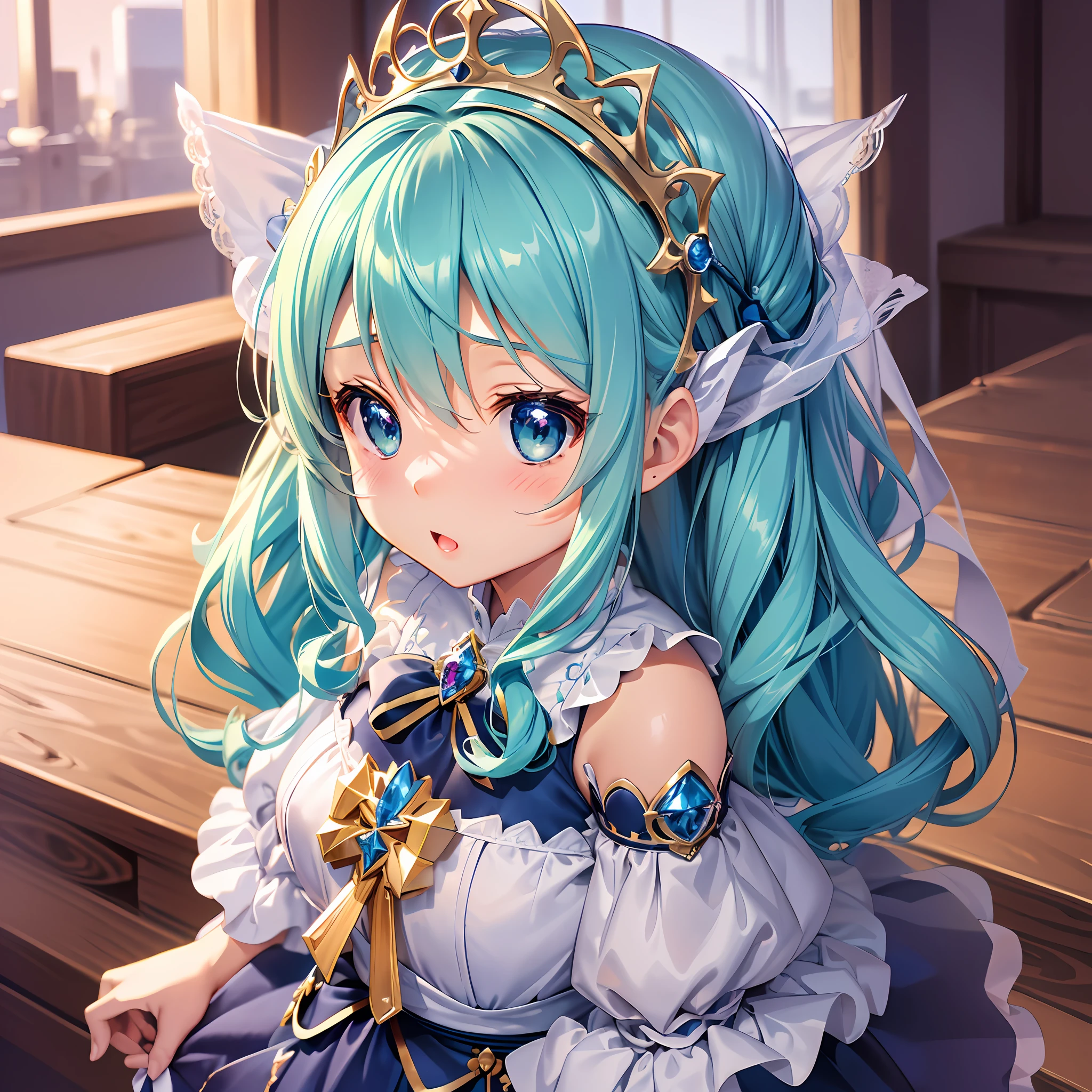 Anime girl with blue hair and a tiable sitting on a bench - SeaArt AI