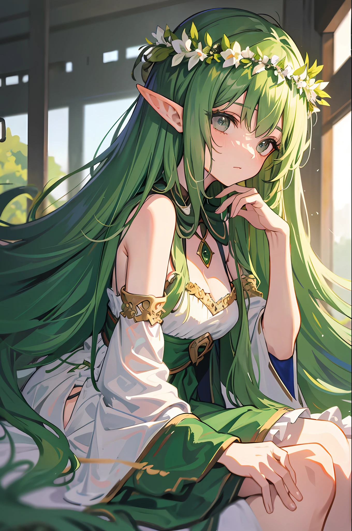 Anime girl with green hair and green dress sitting on a bed - SeaArt AI