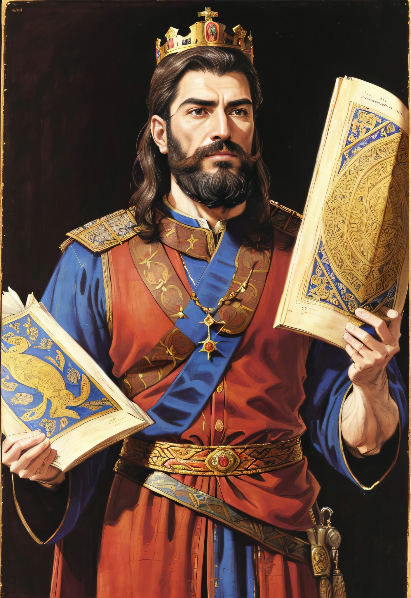 A painting of a man in a crown holding a book - SeaArt AI