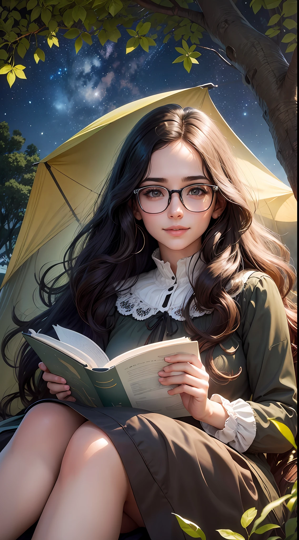 Young woman sitting on the grass reading a book, long black curly hair, wearing glasses, delicate smile, bright brown eyes, looking up at the sky, lamp light, whole body, under a huge tree, farther view, a tent in the background, starry sky, illuminated night, photographic effect, 8k, super detailed, hyper realistic.
