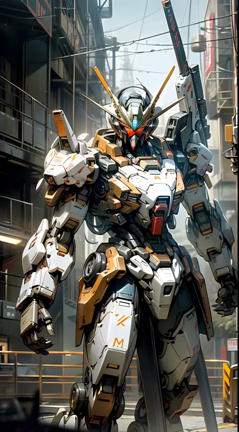 Gundam Mech, Orange Rune Surrounds, Orange Rune Floating, Dark_Fantasy, Cyberpunk, (Best Quality, Masterpiece), On the Moon, 1 Man, Mechanical Marvel, Robot Presence, Cybernetics Guardian, City, Highest Quality, Stunning Art, Wallpaper 4K, Highly Detailed,...