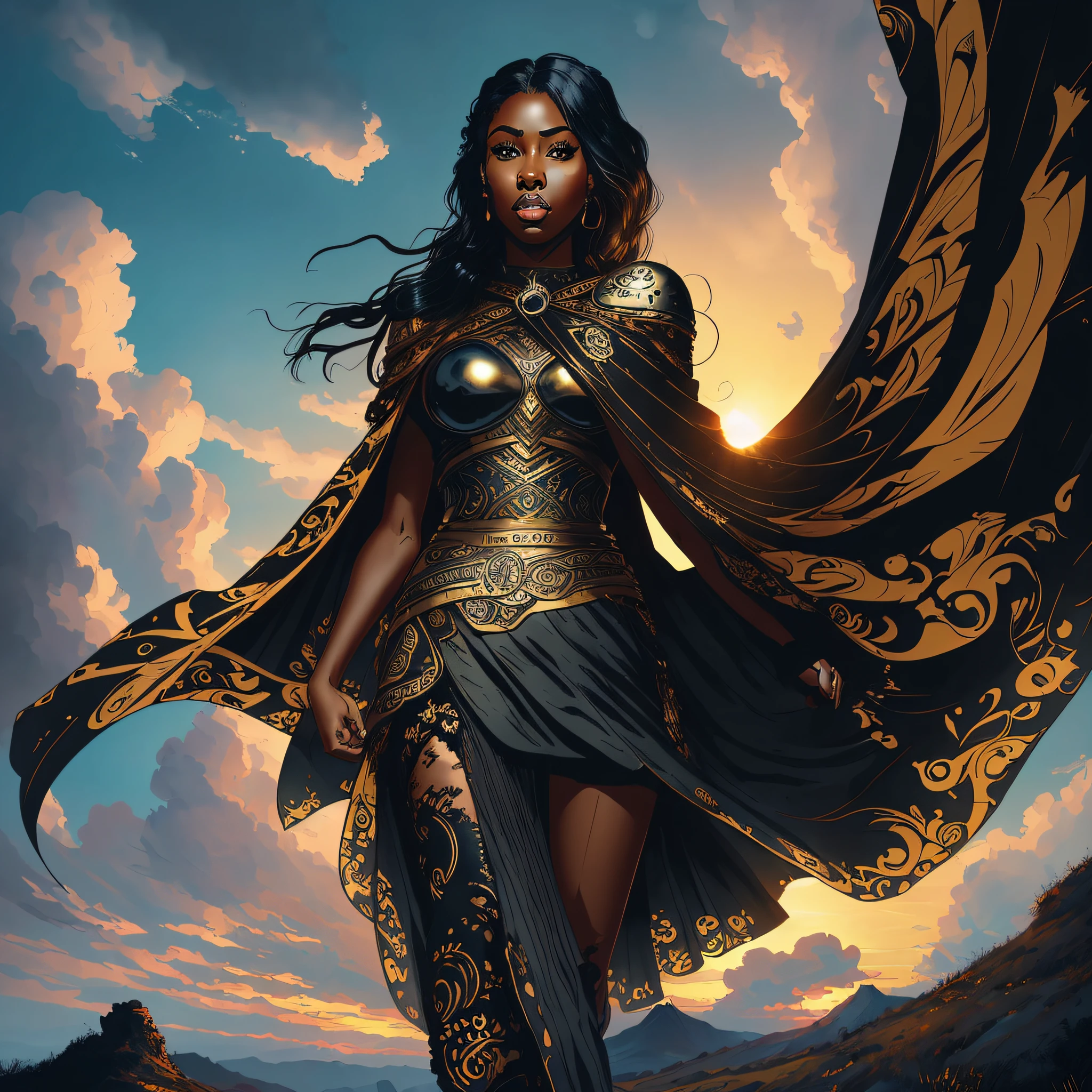 The illustration a young black woman. She has large, expressive eyes with long, curved lashes. Her skin is dark and with warrior paintings. No appeal. The young woman is dressed in a warrior's cape and long skirt. She wears props, a leather belt with a small bag hanging from it. On her feet, she wears leather boots. Around it, there is a fantasy landscape, with sky and clouds and the sun setting. This illustration conveys a sense of bravery, but also of mystery and adventure. It is an image that inspires the imagination and invites the viewer to explore these fantasies. --auto --s2