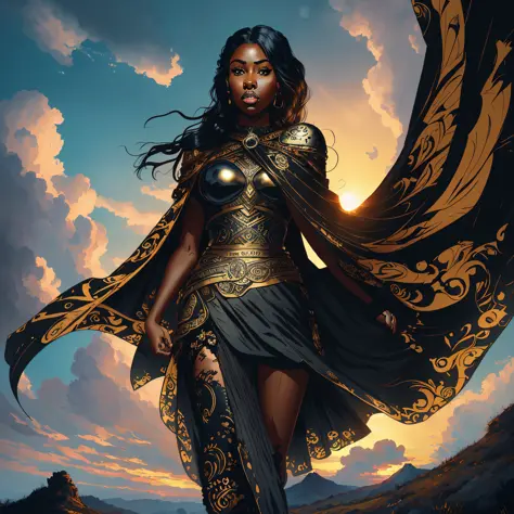 the illustration a young black woman. she has large, expressive eyes with long, curved lashes. her skin is dark and with warrior...