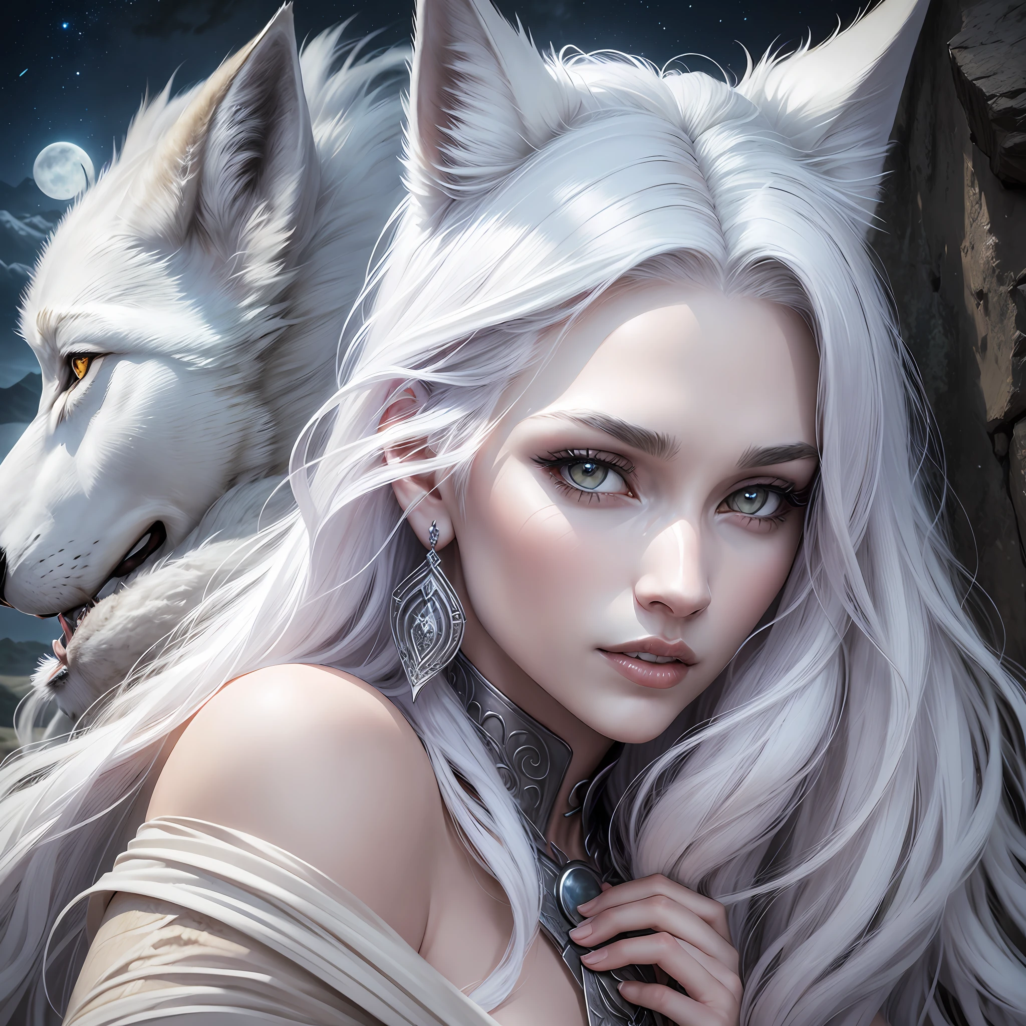 realistic photo of ((white wolf woman)), (detailed face), night,full moon, moonlight, long hair, Fantasy, nsfw --auto --s2