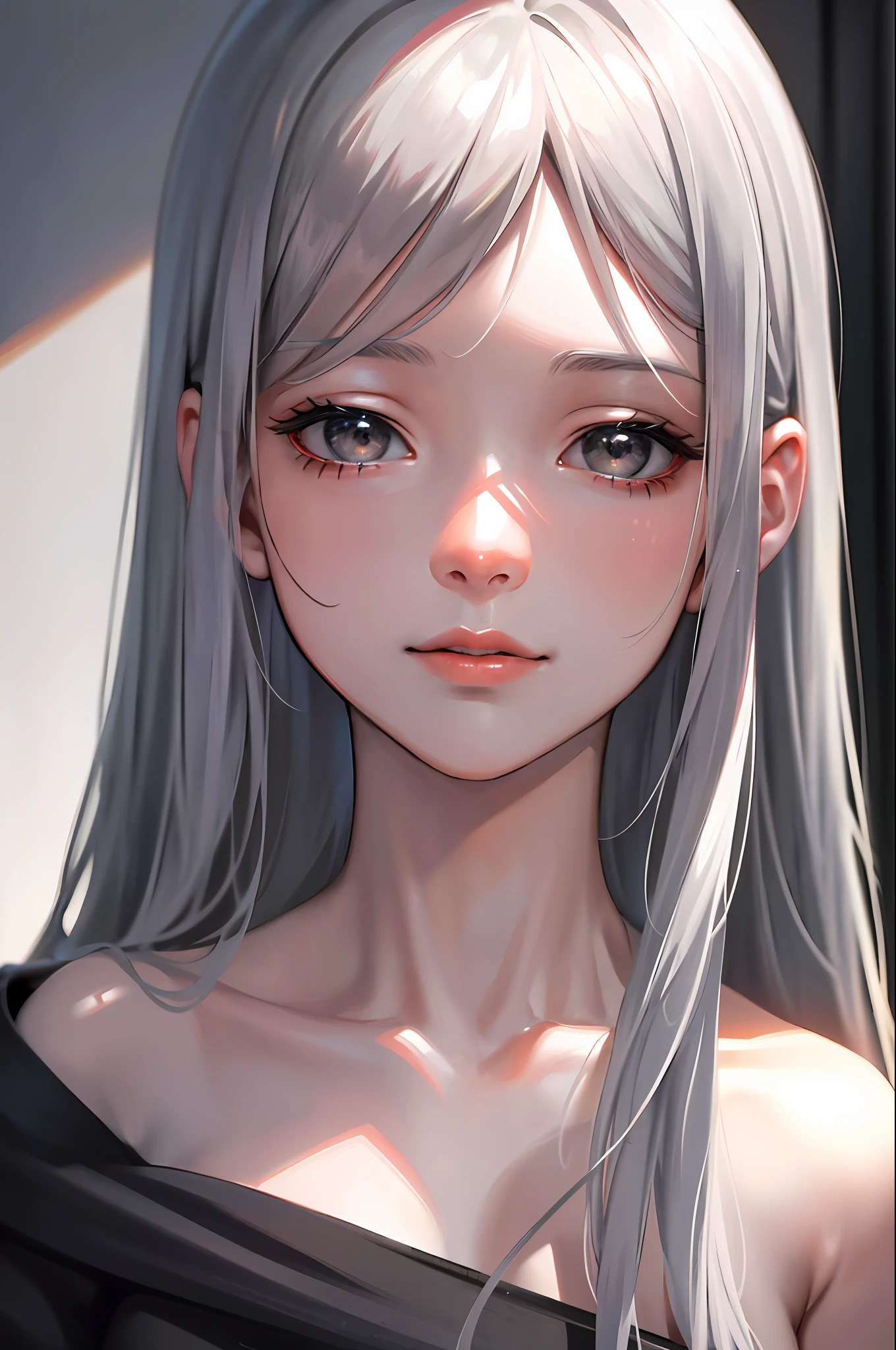 (masterpiece, side illumination, finely detailed beautiful gray eyes: 1.2), masterpiece*portrait, realism, 3d face, shiny skin, long white hair, bangs