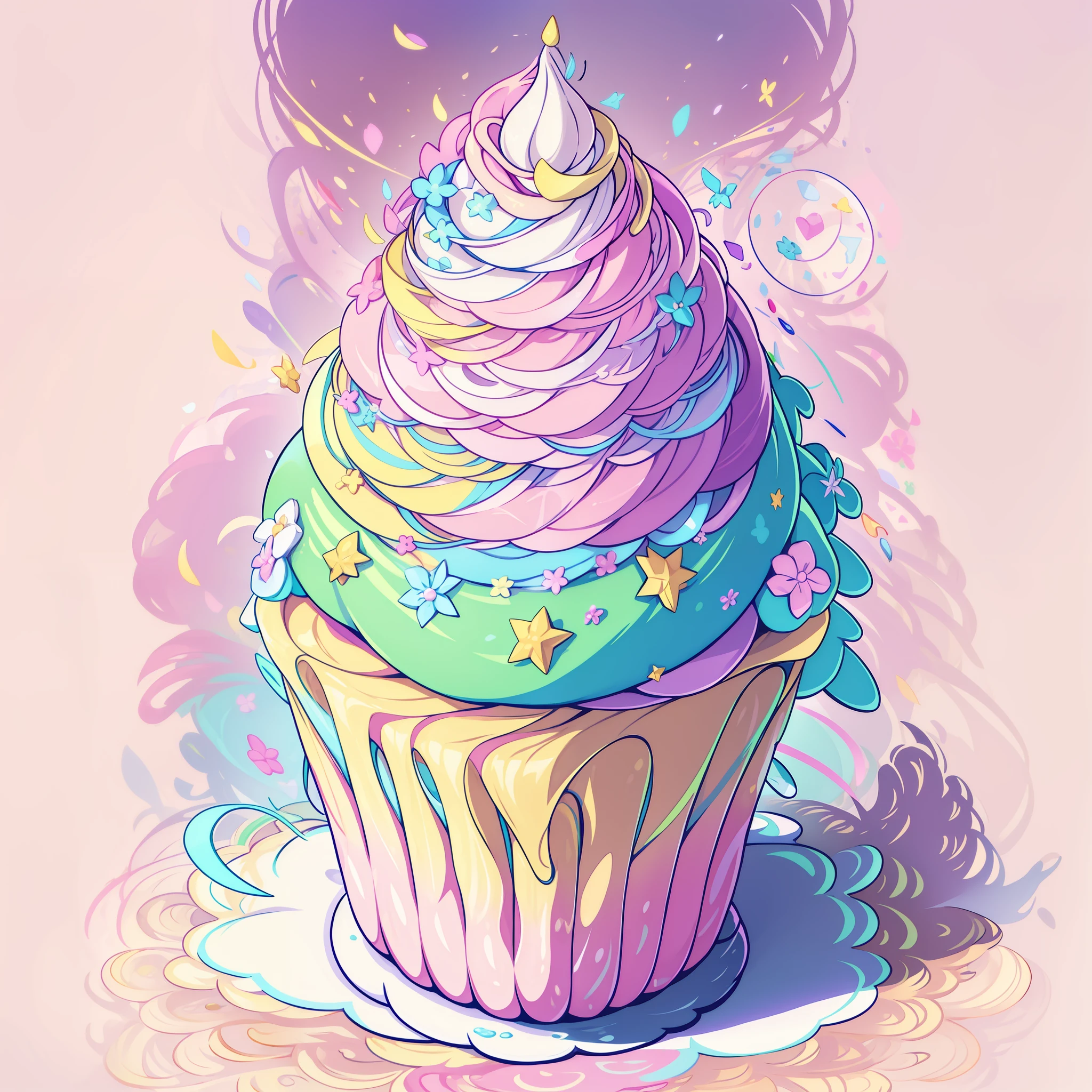 On the creative sticker of a cupcake, you can imagine a delicious cone-shaped dessert, with a smooth, rounded top topped with a rich, colorful cream. The cupcake is a true festival of sweet details and cheerful colors. The cream on top of the cupcake is abundant and has a smooth, silky texture. It can be a vibrant color, such as pink, blue, or yellow, or even a rainbow of colors, each forming a delicate swirl. The cream can be adorned with small colored or granulated pearls, which add a touch of shine and crunchiness. Going down to the base of the cupcake, you find a soft and fluffy cake, which can have a pastel color as a base, such as light pink, light blue or light yellow. The cake can be decorated with small figures of American paste, such as hearts, stars or flowers, bringing a charming touch to the composition. In addition, the cupcake can be adorned with additional details, such as satin ribbons tied around the cone, forming a delicate bow. Edible flower petals can be artfully arranged around the cupcake, adding a touch of elegance and sophistication.