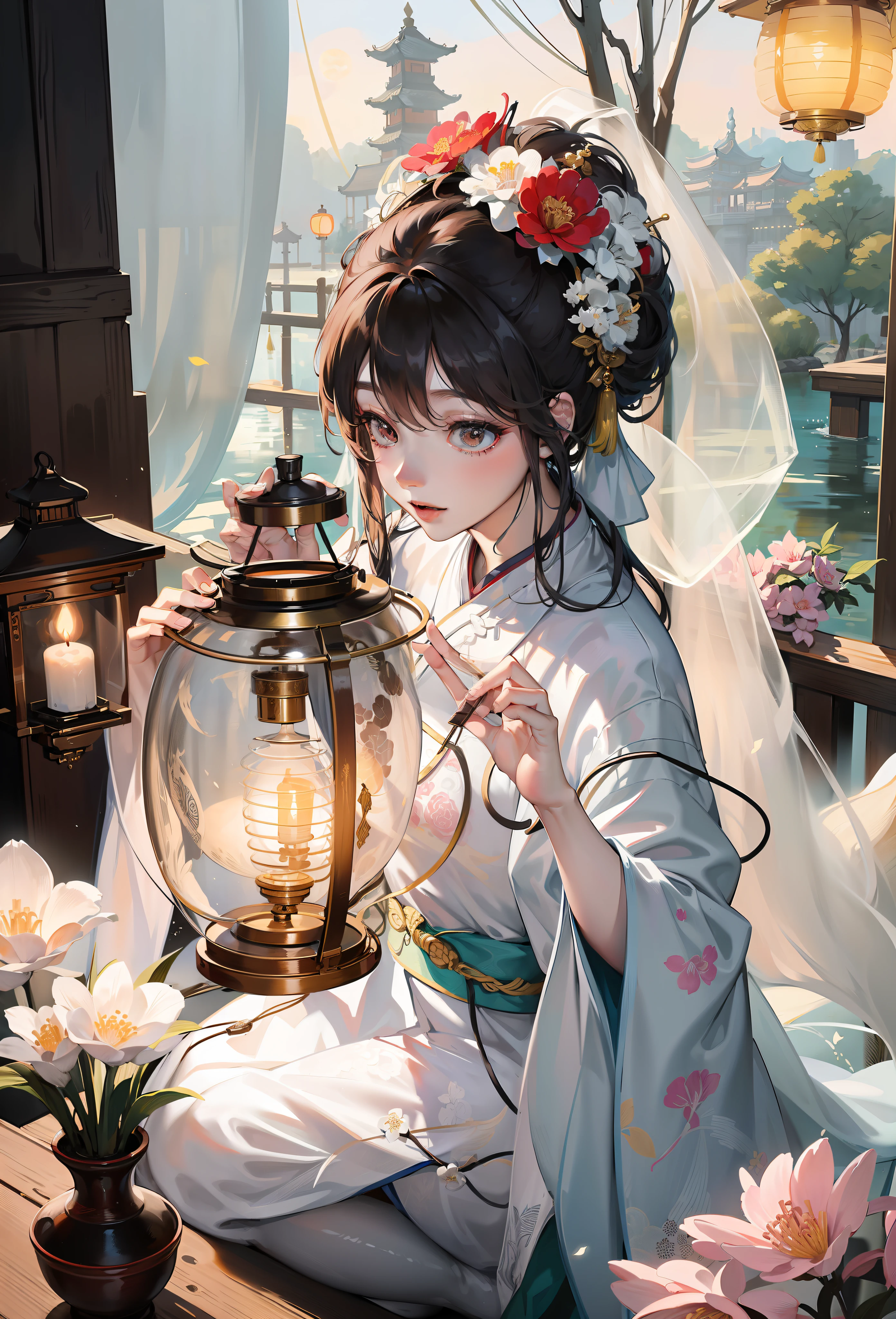 there is a woman sitting on a table with a lantern, palace ， a girl in hanfu, white hanfu, traditional beauty, artwork in the style of guweiz, hanfu, girl under lantern, ethereal beauty, chinese style, with acient chinese clothes, wearing ancient chinese clothes, traditional chinese clothing, traditional chinese, chinese costume, guweiz